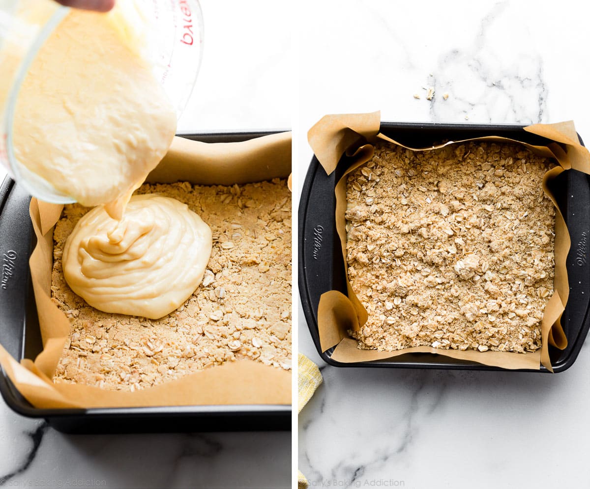 pouring lemon filling on crust and shown again with crumble topping