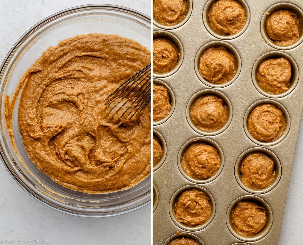 batter in glass bowl and shown again in mini muffin pan.