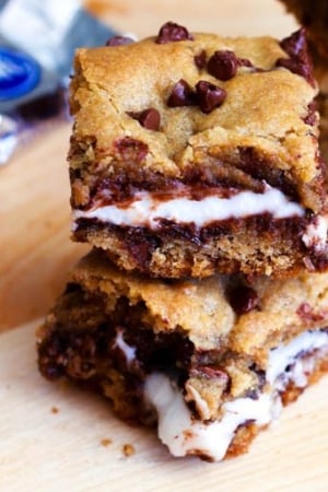 stack of 2 chocolate chip cookie bars stuffed with York Peppermint Patties