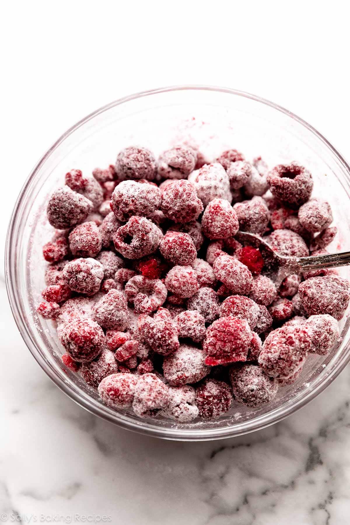 bowl of frozen raspberries and cornstarch mixture.