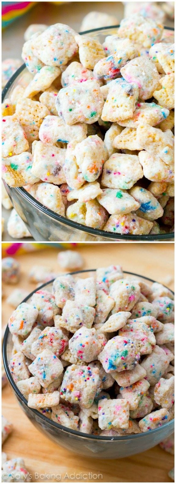 2 images of cupcake puppy chow in glass bowls