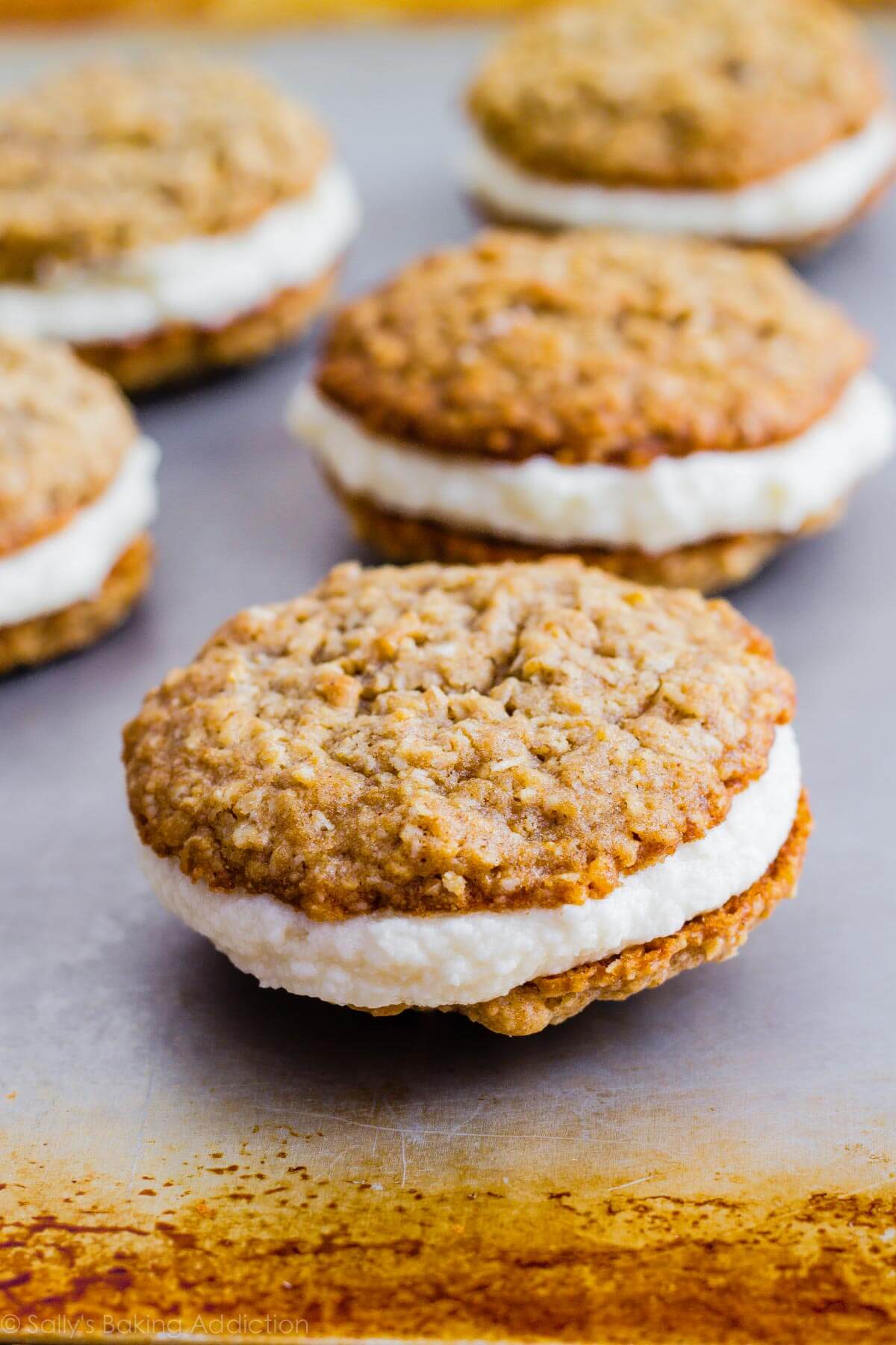 oatmeal creme pies on a baking sheet