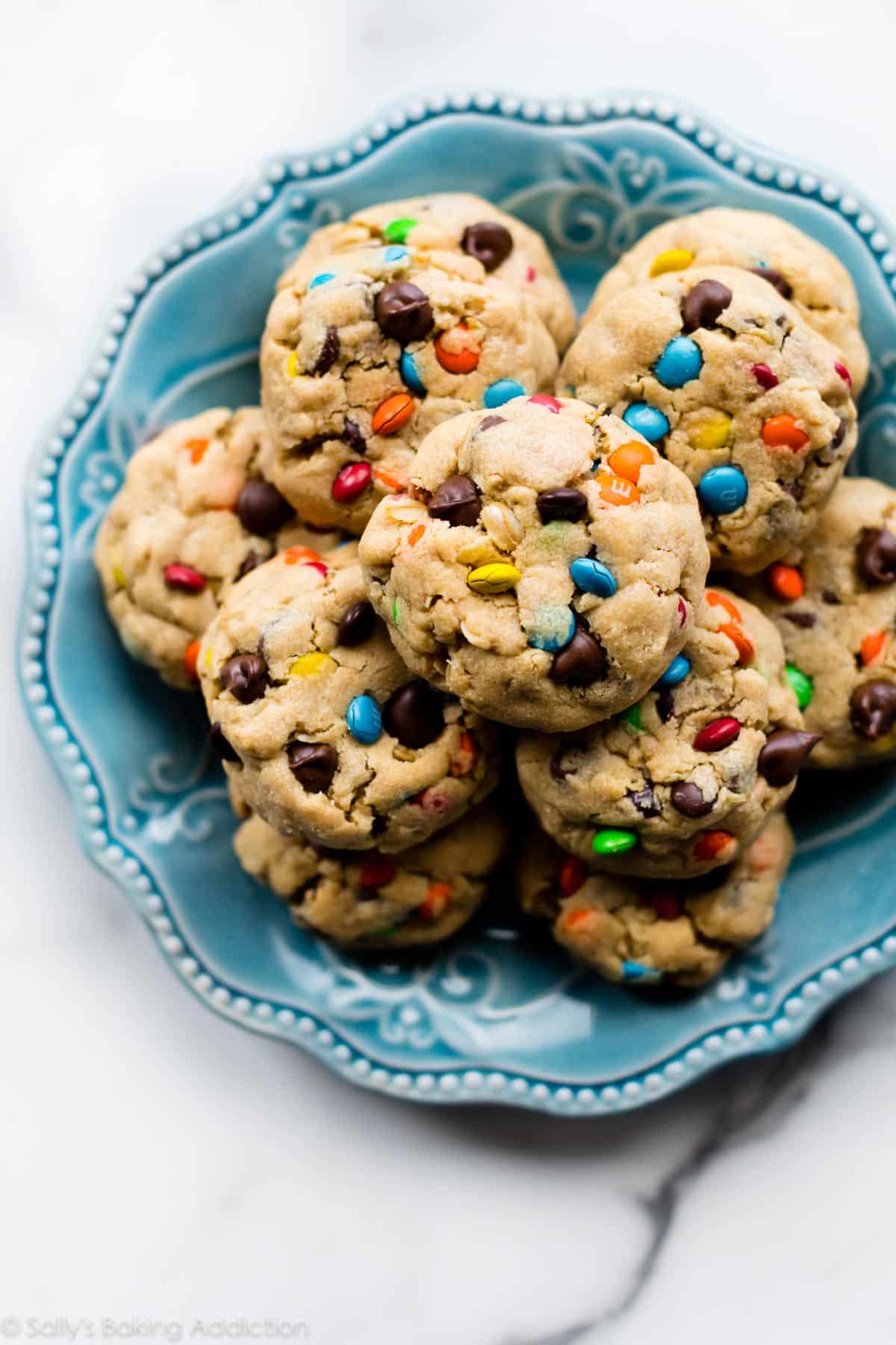 Monster oatmeal cookies on a blue plate