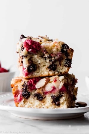 dark chocolate raspberry coffee cake in baking pan