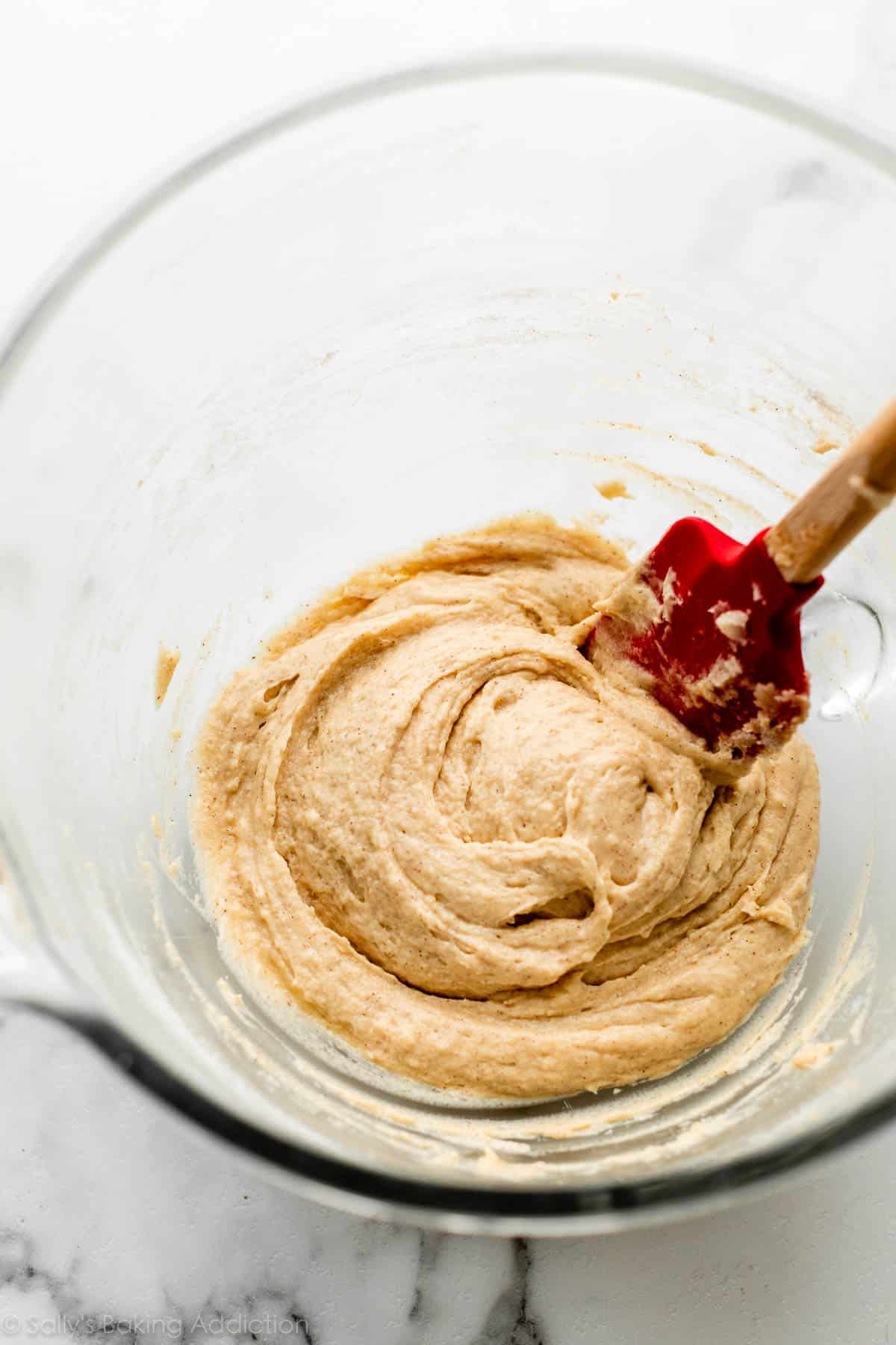 donut muffin batter in glass bowl