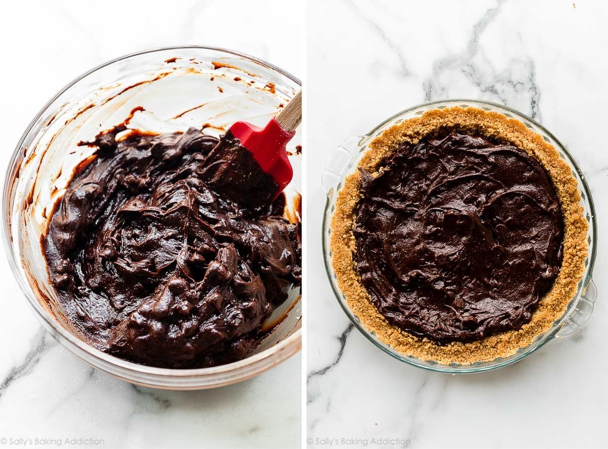 brownie batter in glass bowl and shown again in graham cracker crust.