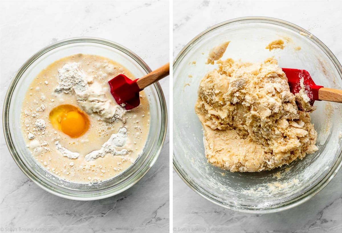 egg and other wet ingredients on top of flour in glass bowl and everything shown again being mixed together.