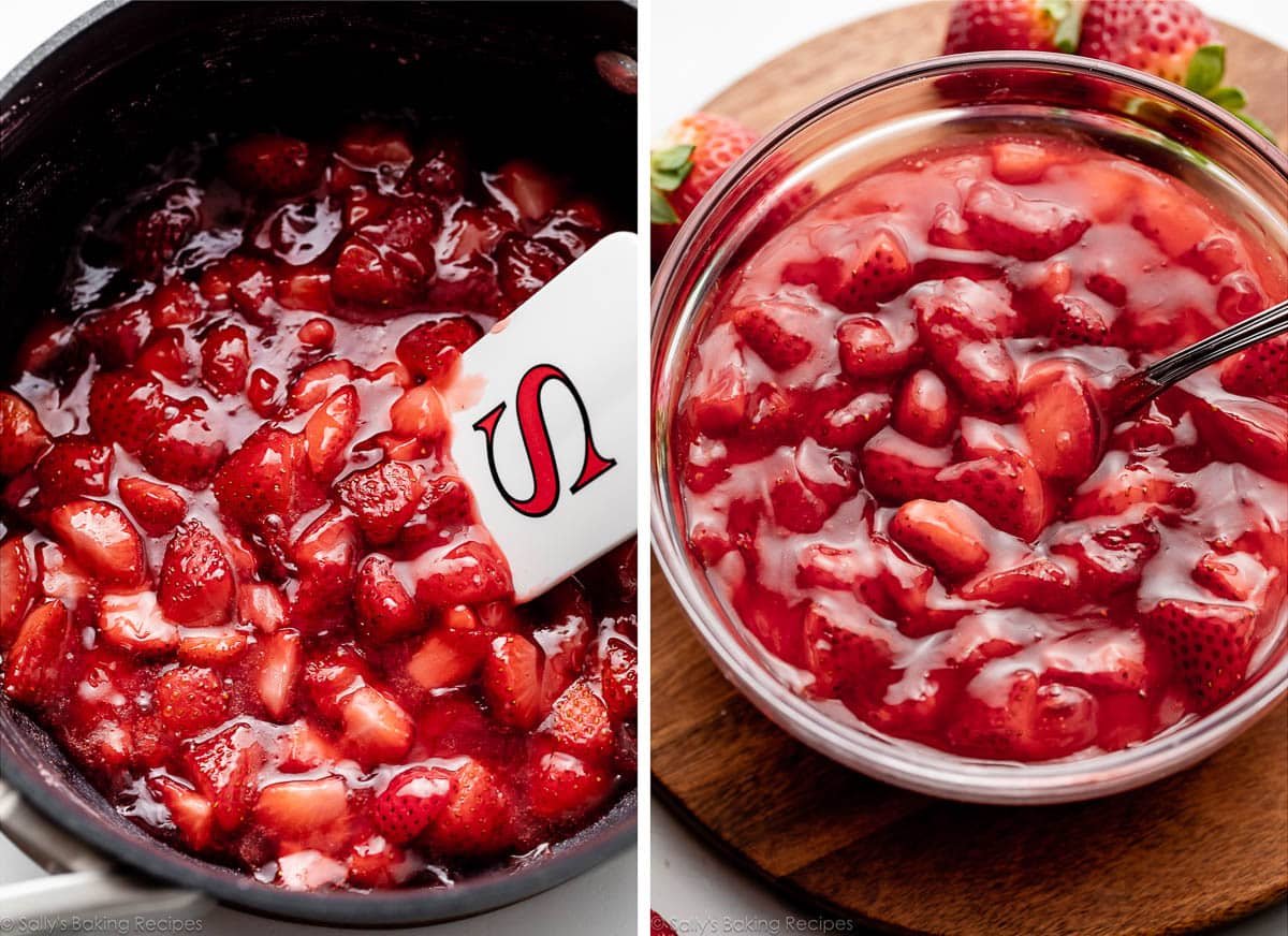 strawberry filling sauce in pot and shown again thickened in glass bowl.