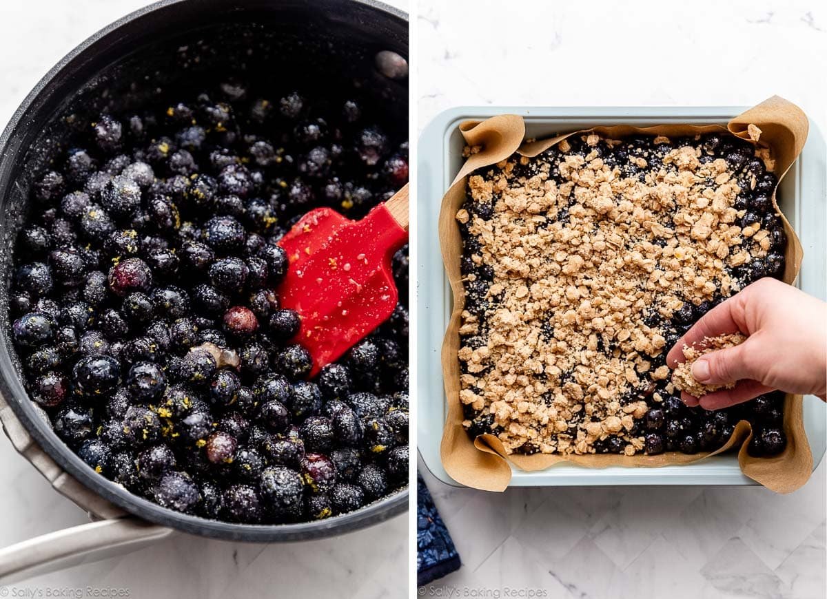 blueberries and filling in black saucepan and shown again in baking pan with hand sprinkling streusel on top.