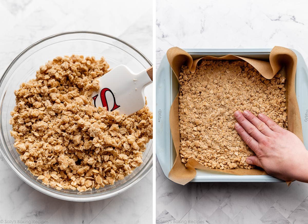 crust crumble mixture in glass bowl and shown again being pressed into lined square baking pan.