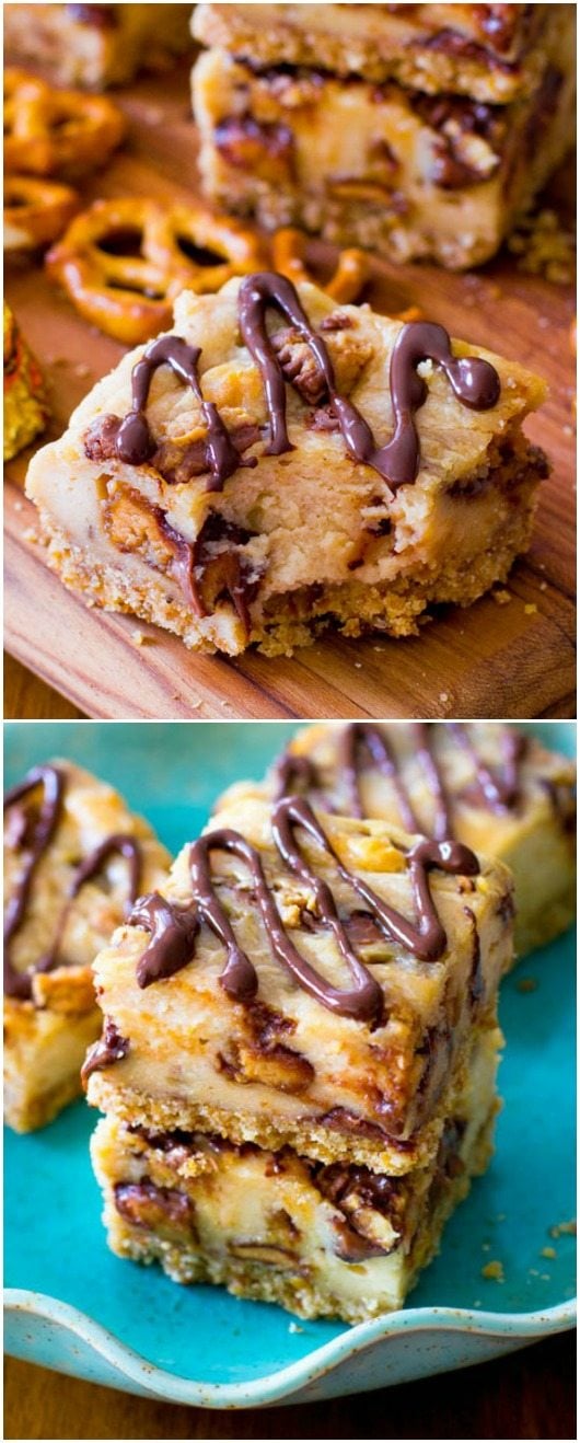 2 images of peanut butter cup pretzel cheesecake bars