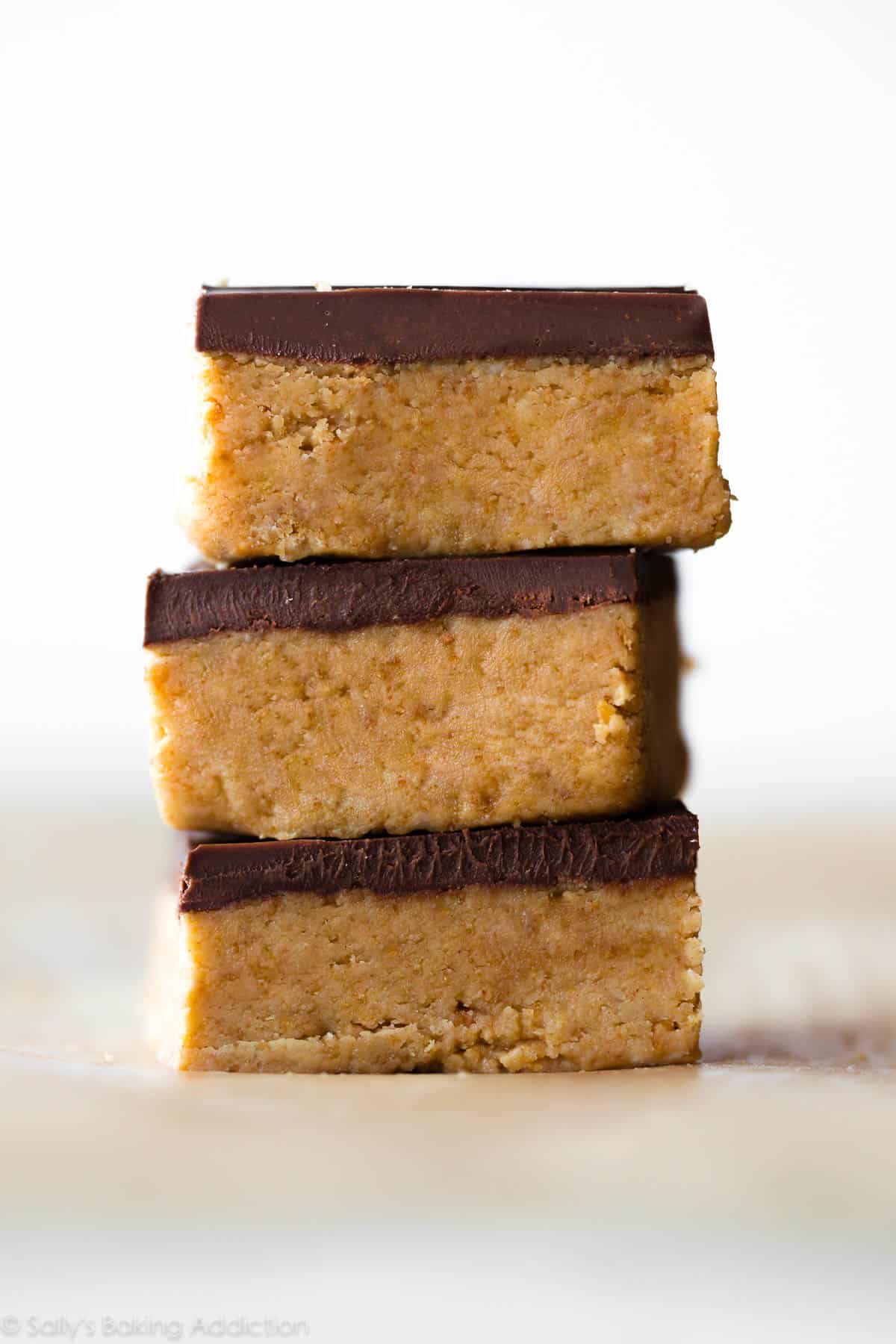 stack of no bake chocolate peanut butter bars