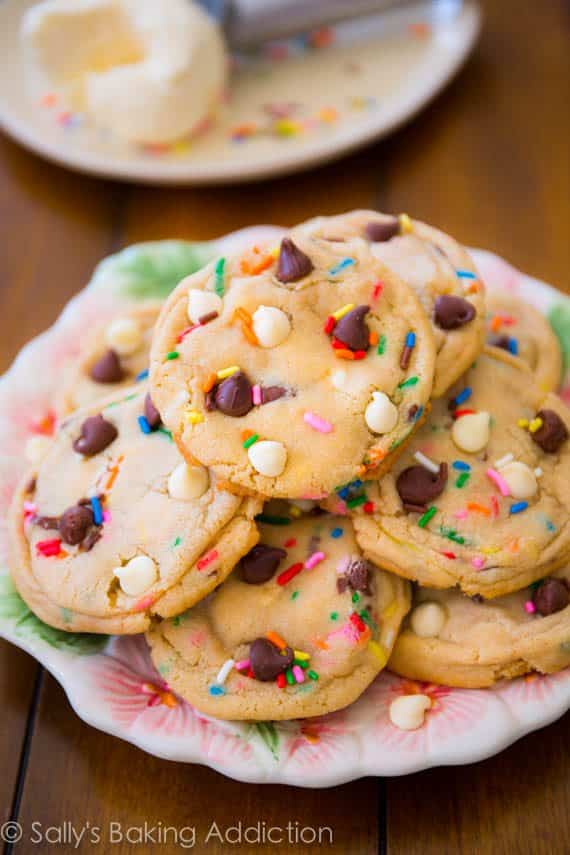 cake batter chocolate chip cookies on a plate