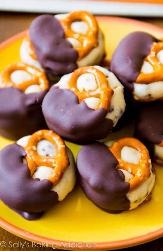 cookie dough pretzel bites on a yellow plate