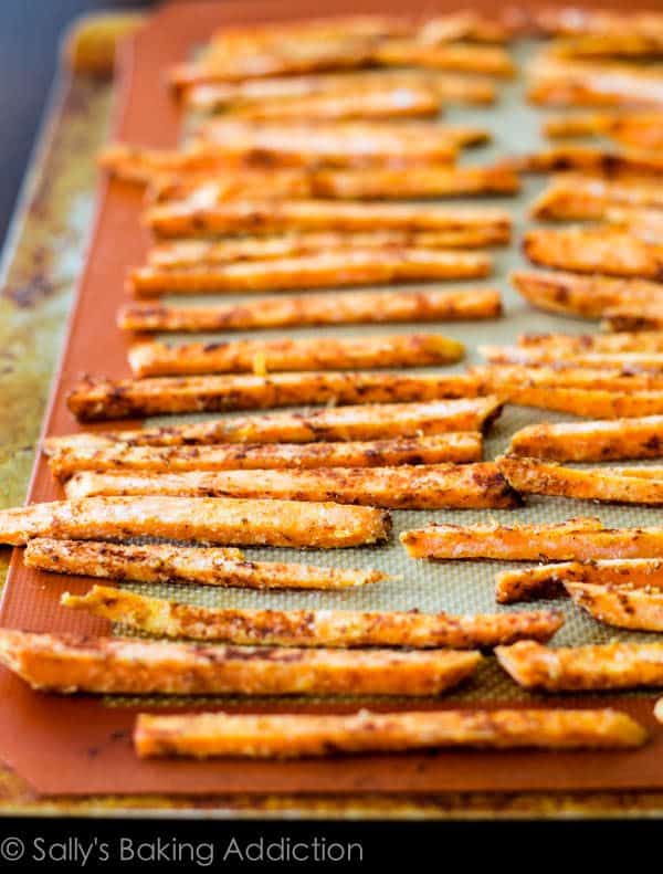 sweet potato fries on a silpat baking mat