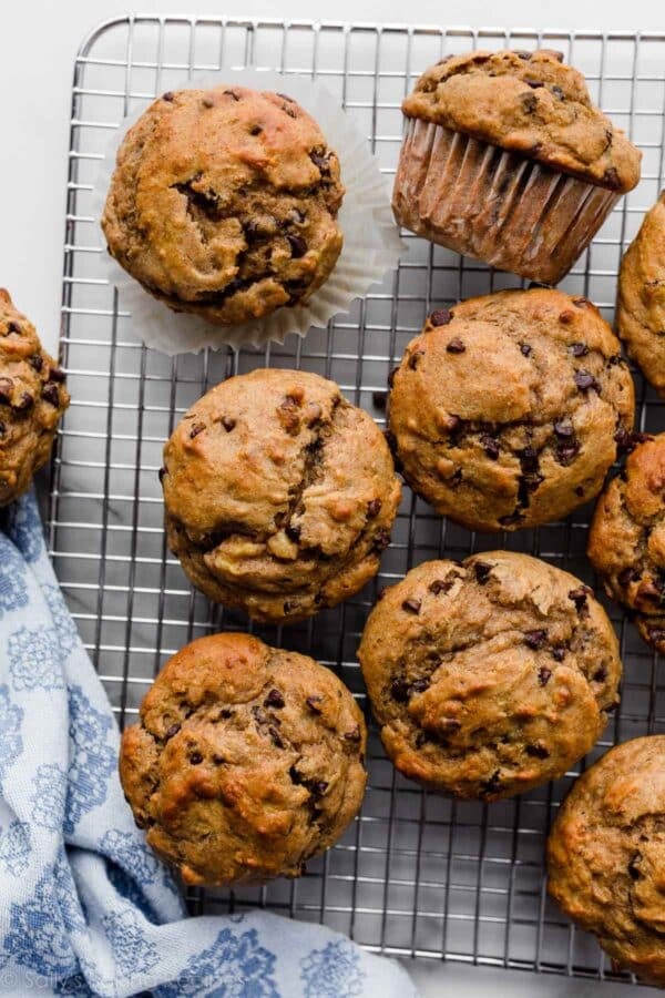 peanut butter chocolate chip muffins on wire cooling rack.