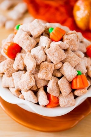 pumpkin spice puppy chow in a bowl