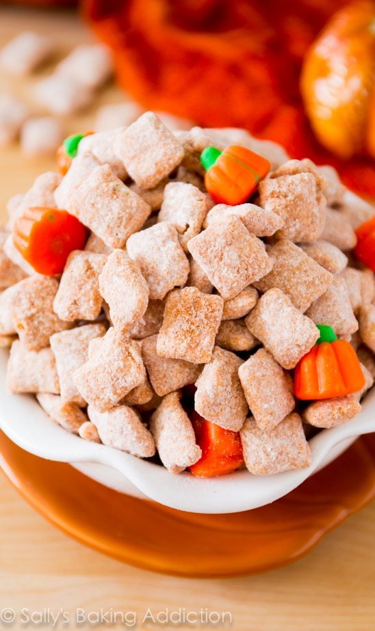 pumpkin spice puppy chow in a bowl