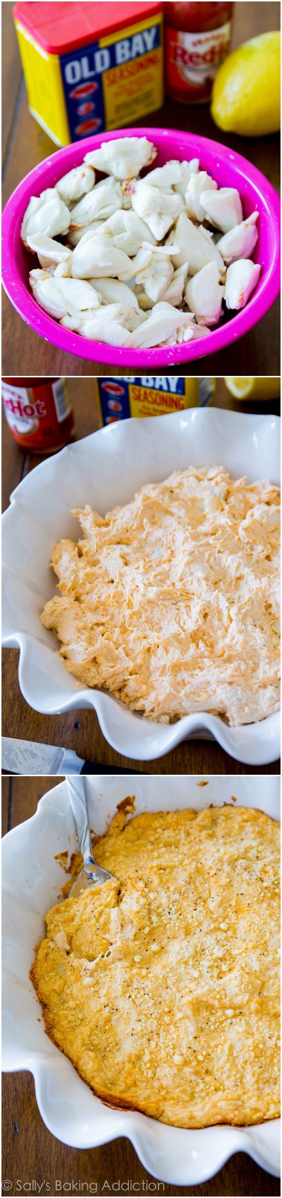 3 images of crab in a bowl, crab dip in a white bowl before baking, and crab dip in a white bowl after baking