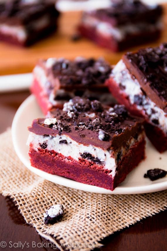 red velvet Oreo brownies on a white plate