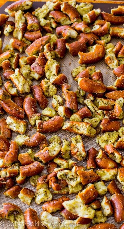 seasoned pretzels on a silpat baking mat