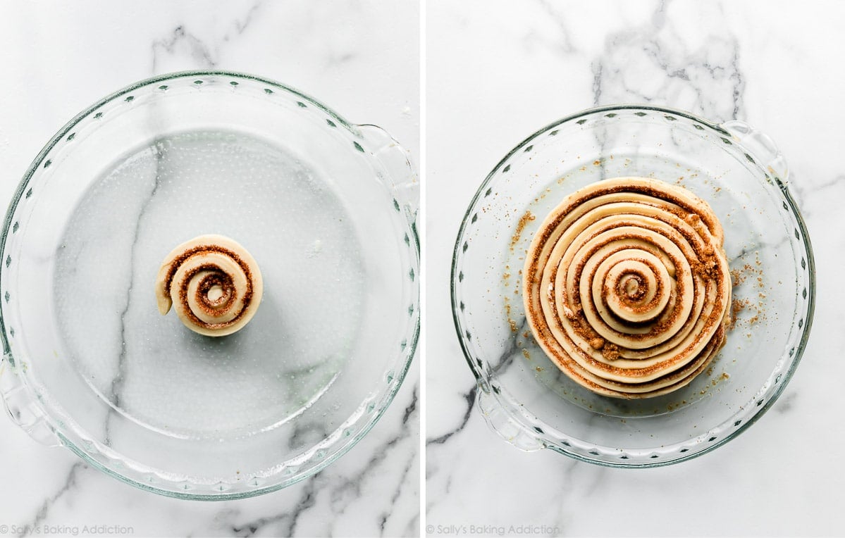 shaping a cinnamon roll cake