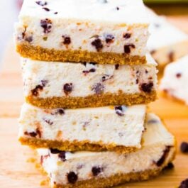 stack of chocolate chip cheesecake bars