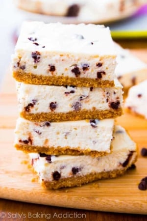 stack of chocolate chip cheesecake bars