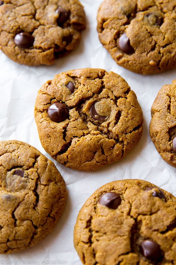 overhead image of almond butter chocolate chip cookies