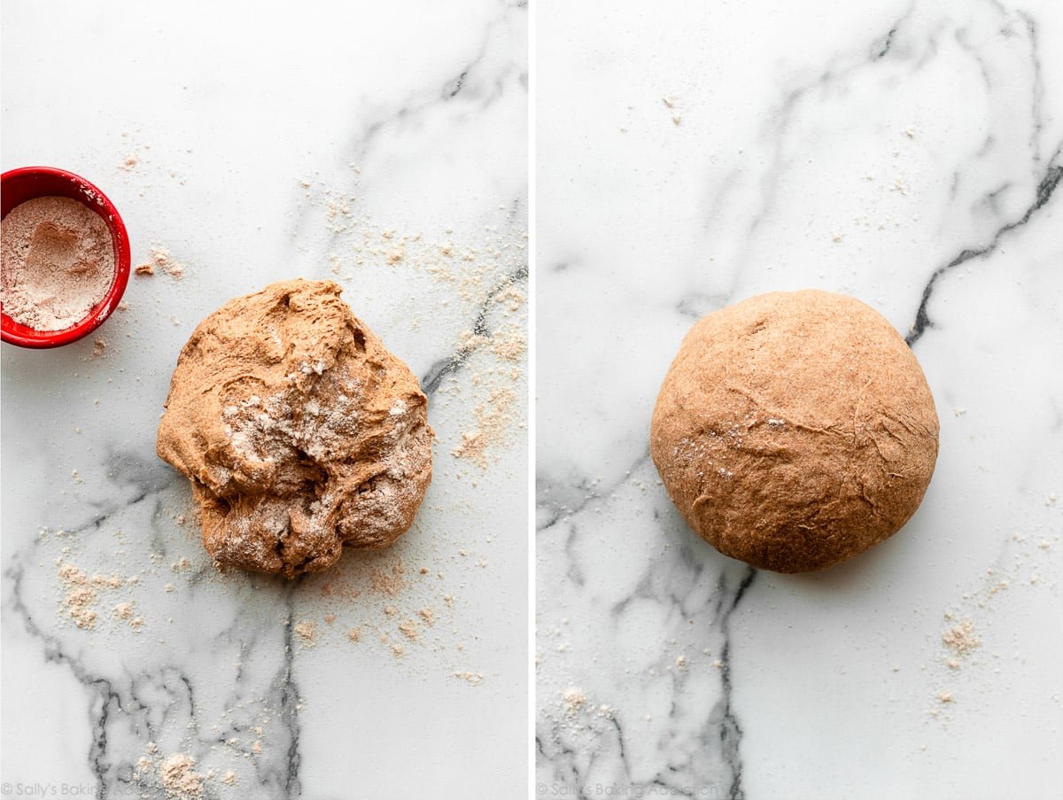 whole wheat dough before and after kneading