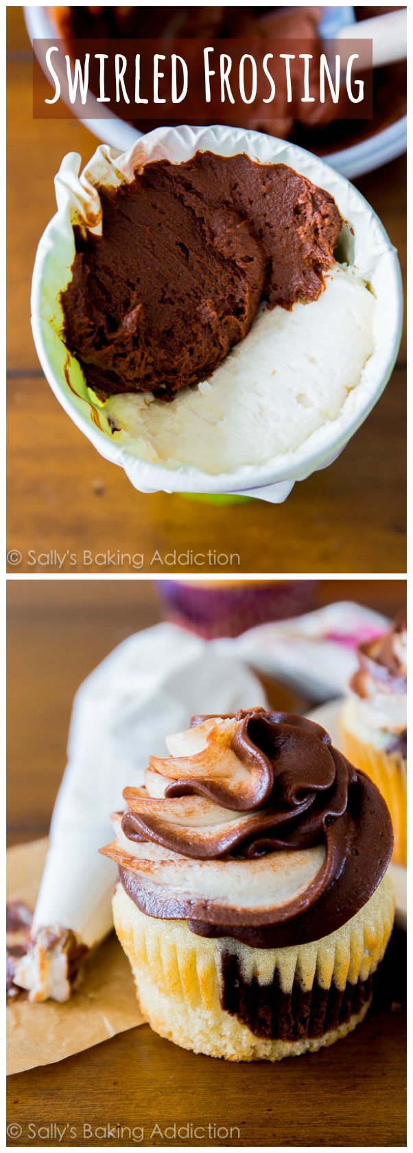 2 images of chocolate and vanilla swirled frosting in a piping bag and a cupcake topped with chocolate and vanilla swirled frosting