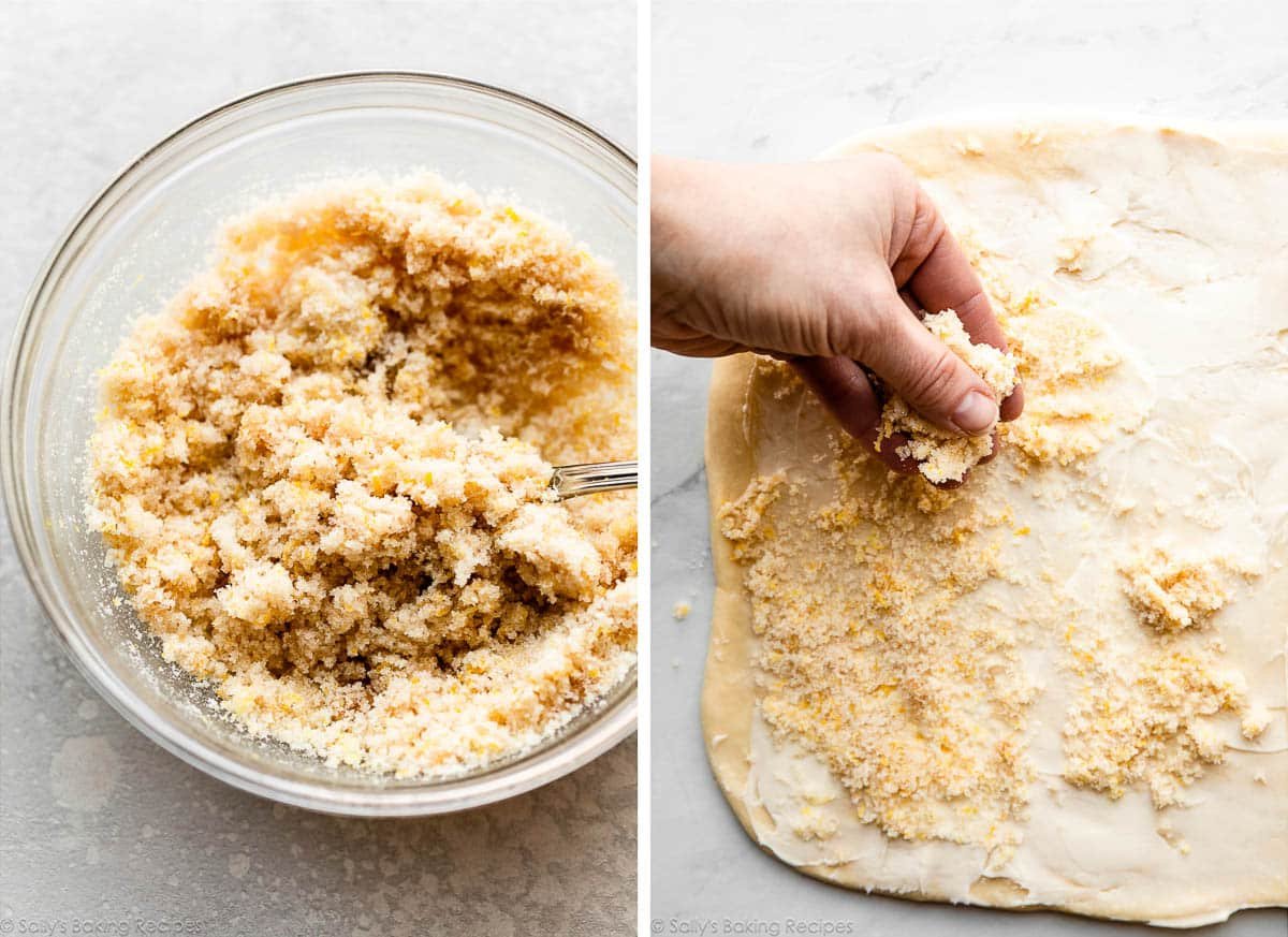 lemon zest and vanilla sugar in bowl and being sprinkled on top of buttered rolled-out dough.