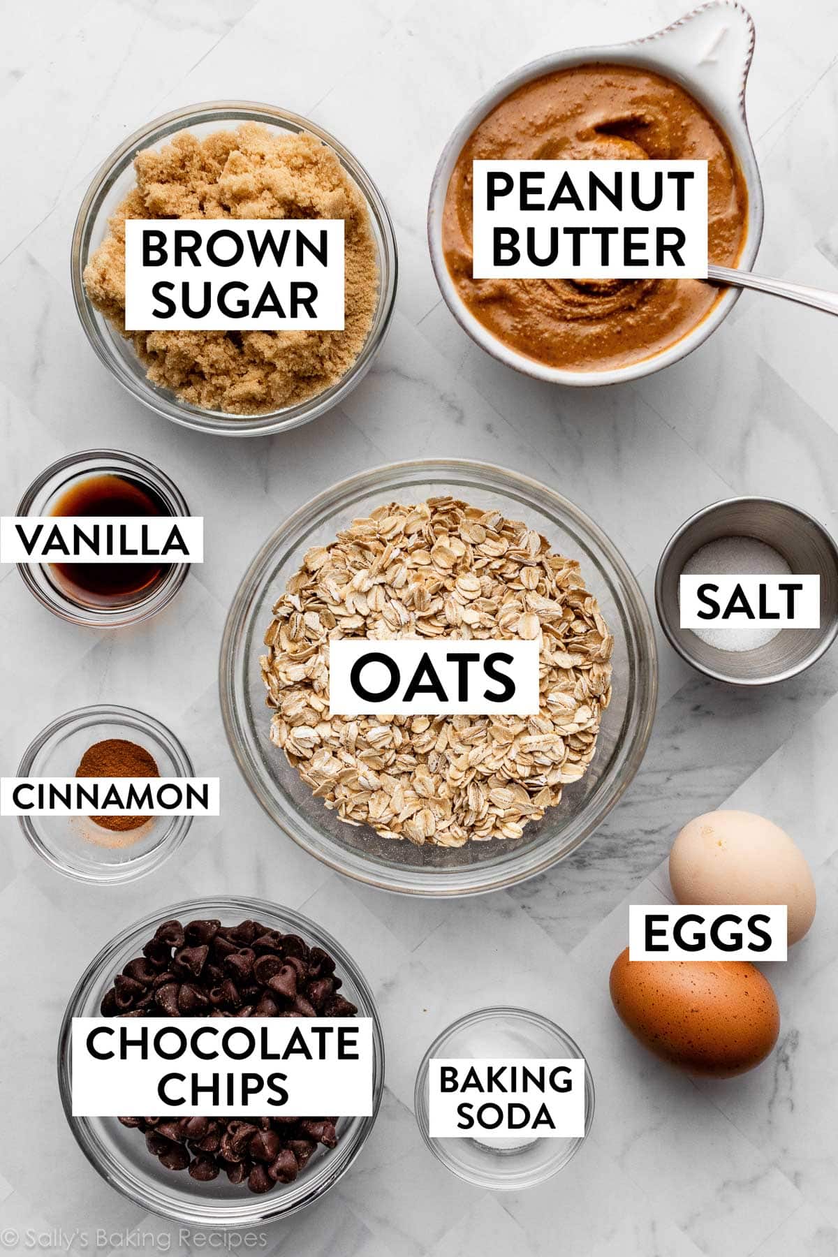 measured ingredients in bowls on counter including peanut butter, brown sugar, salt, chocolate chips, vanilla, and cinnamon.