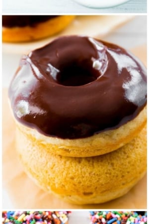 3 images of chocolate frosted donuts including chocolate glaze in a white bowl and frosted donuts