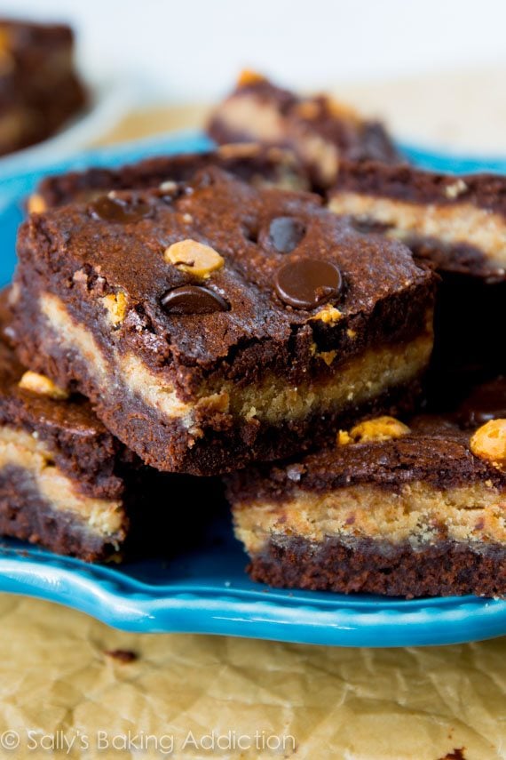 peanut butter stuffed brownies on a blue plate