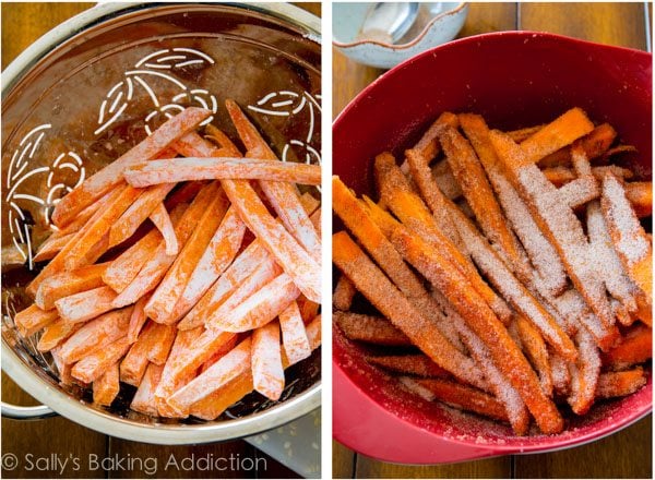 2 images of sliced sweet potatoes and sweet potato slices in a bowl with cinnamon and sugar