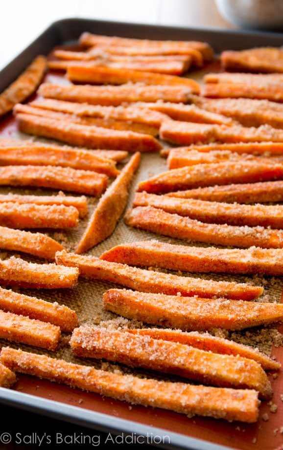 sweet potato fries on a baking sheet