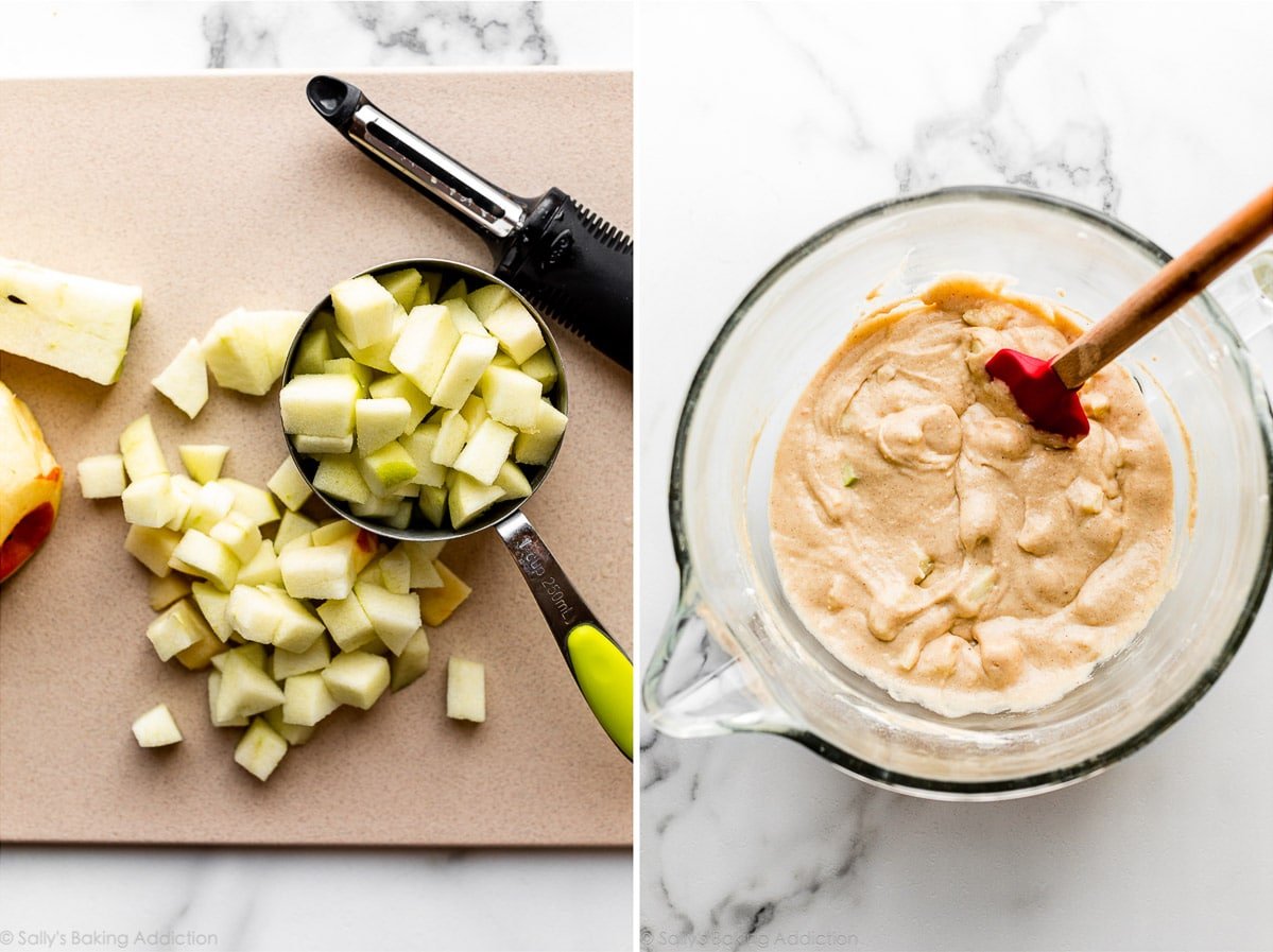 chopped apples and muffin batter in glass bowl