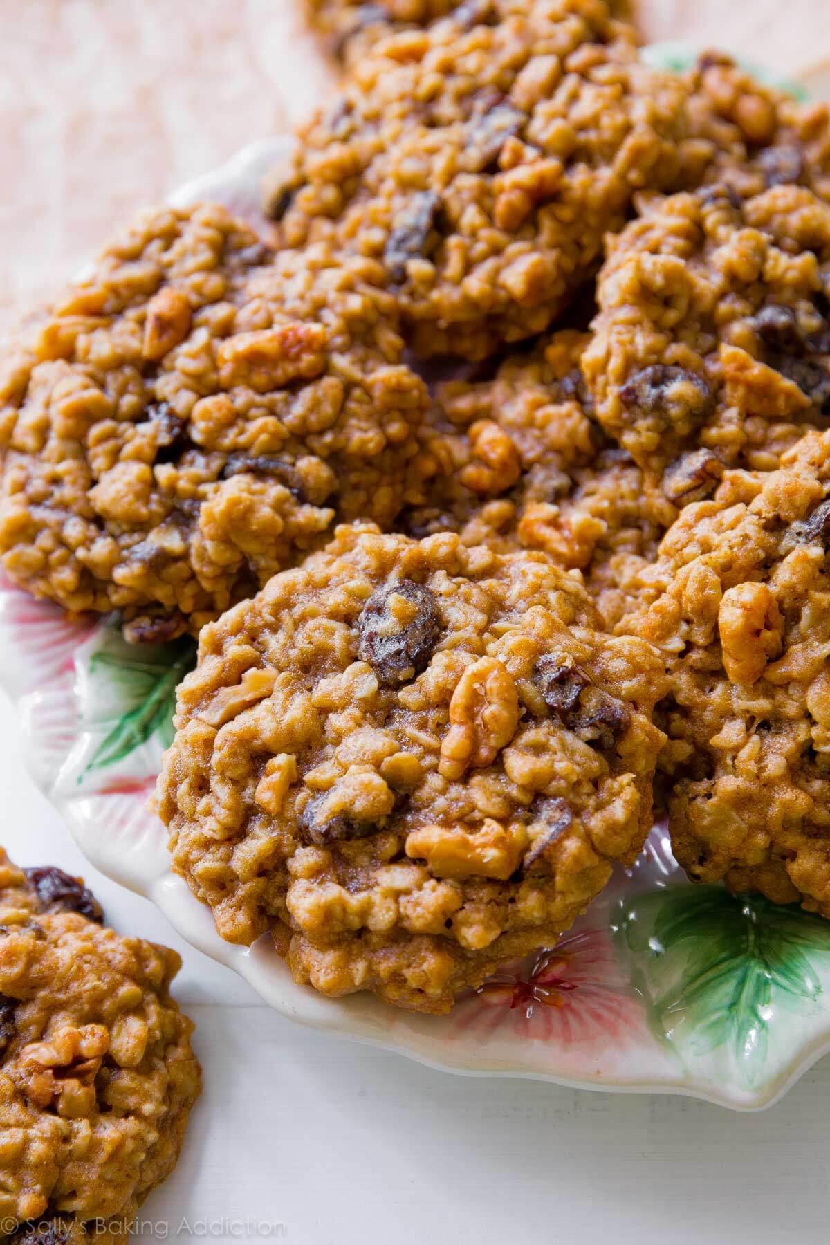 oatmeal raisin cookies on a floral plate