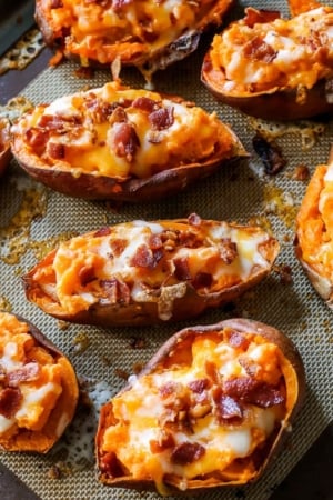 loaded sweet potato skins on a silpat baking mat