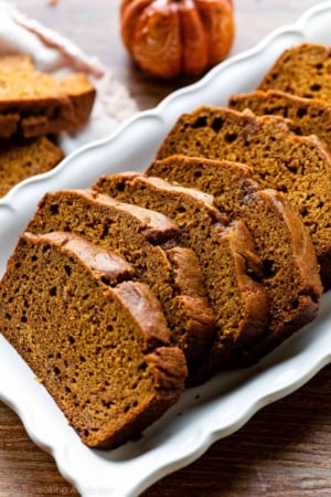 sliced pumpkin bread on white plate.