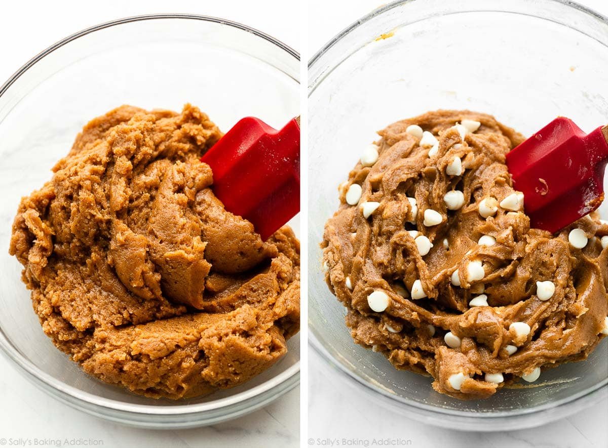 plain pumpkin cookie dough in bowl and shown again with white chocolate chips.