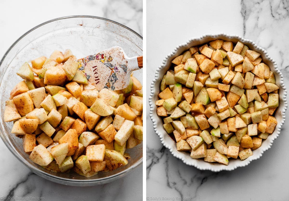 chopped apples with cinnamon in white bowl and shown again spread into white pie dish.