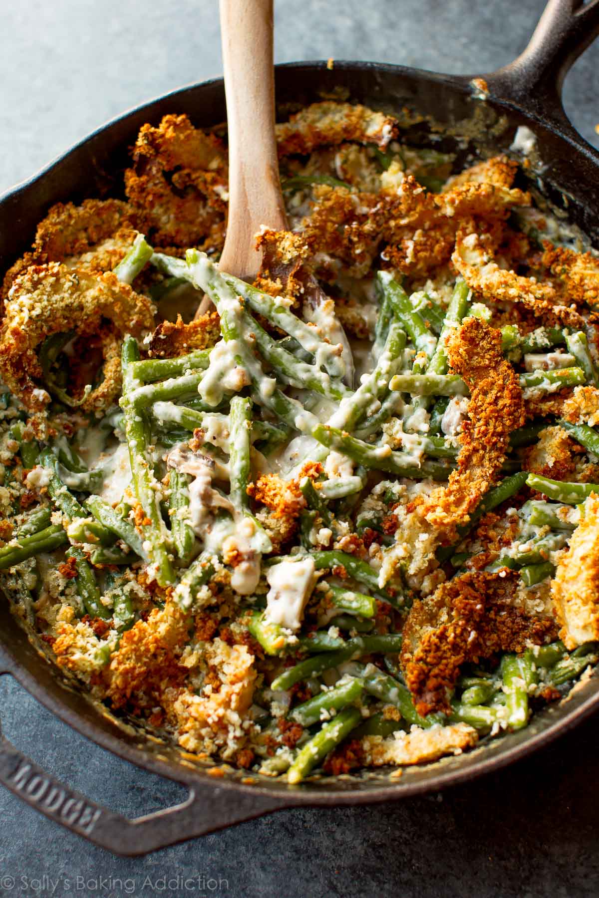 Green bean casserole with crunchy onions