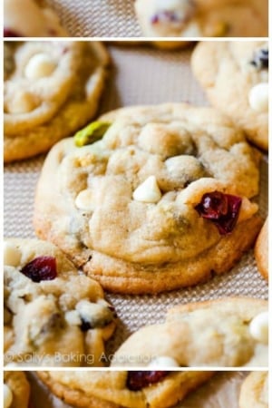 3 images of white chocolate cranberry pistachio cookies including cookie dough balls and baked cookies