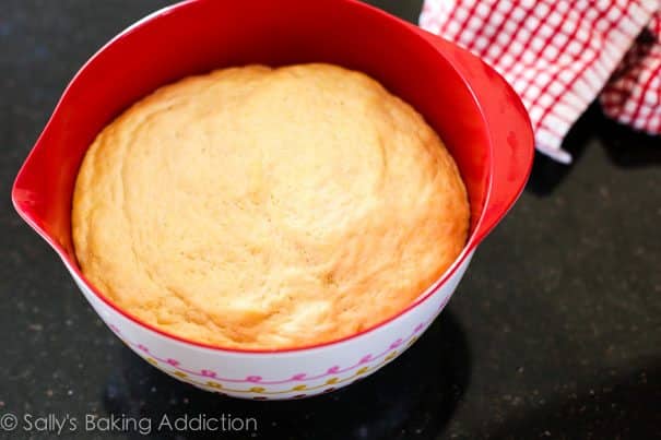 pizza dough in a red bowl after rising