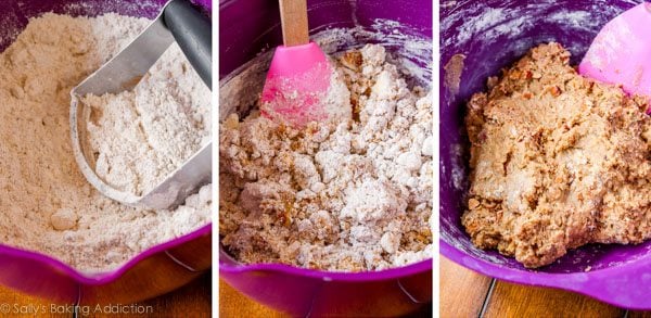 collage of 3 images of stages of almond biscotti dough in a purple bowl