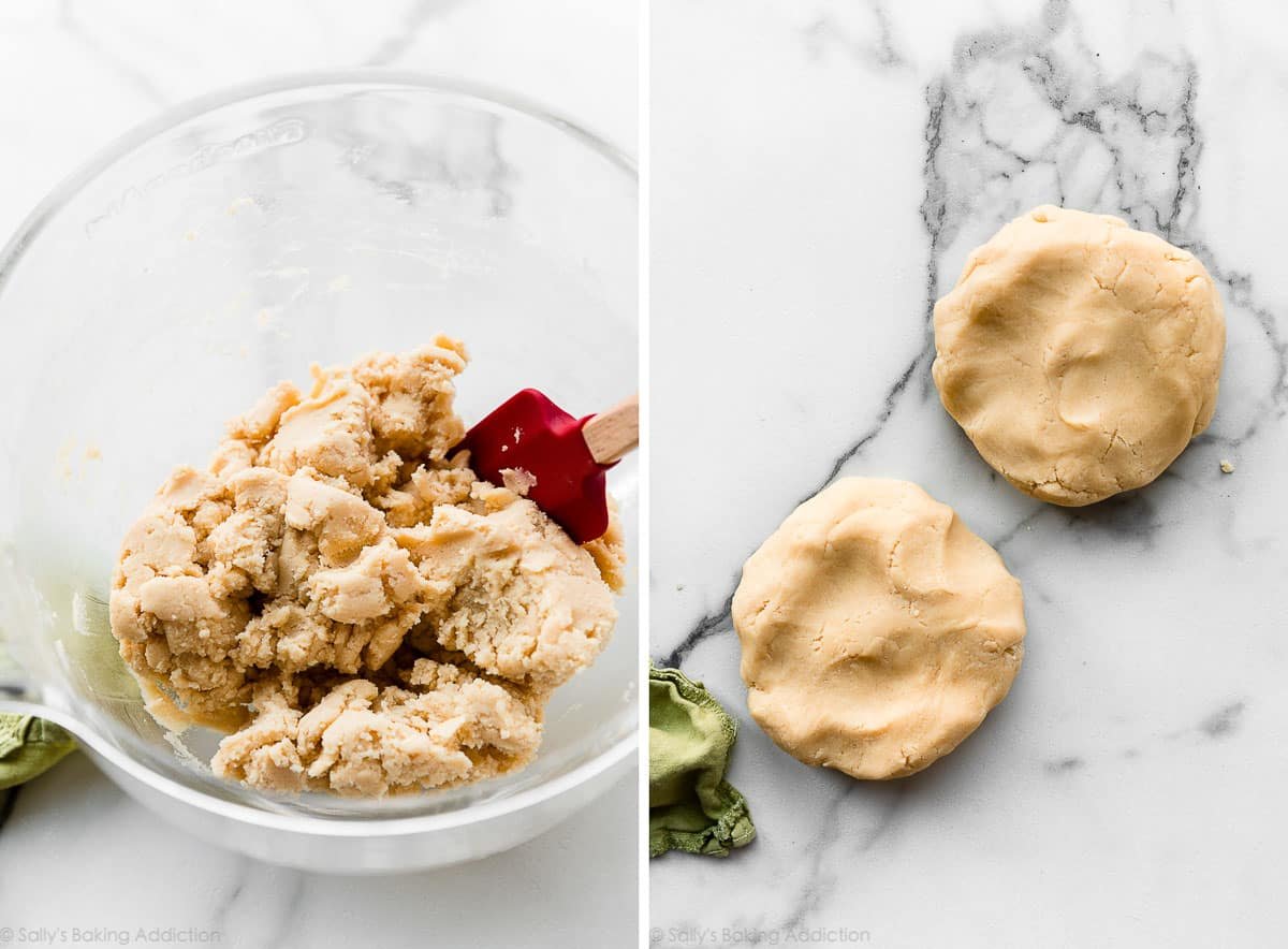 dough in bowl and shown again divided in two on counter.