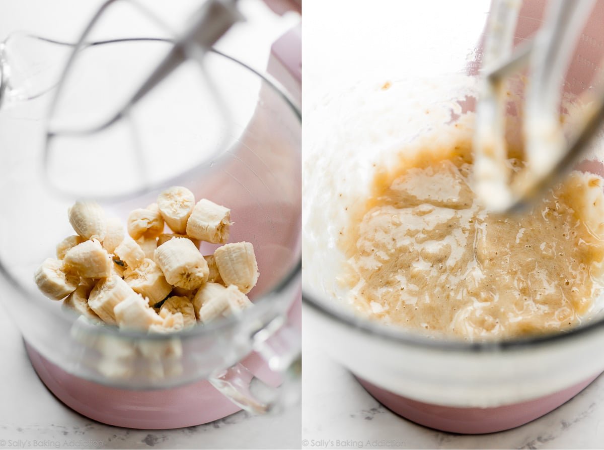 2 images of bananas before mixing and mashed bananas after mixing in glass mixing bowl