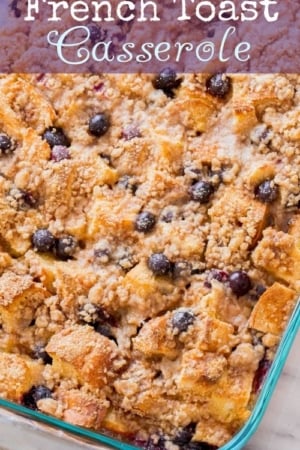 blueberry french toast casserole in glass baking dish after baking